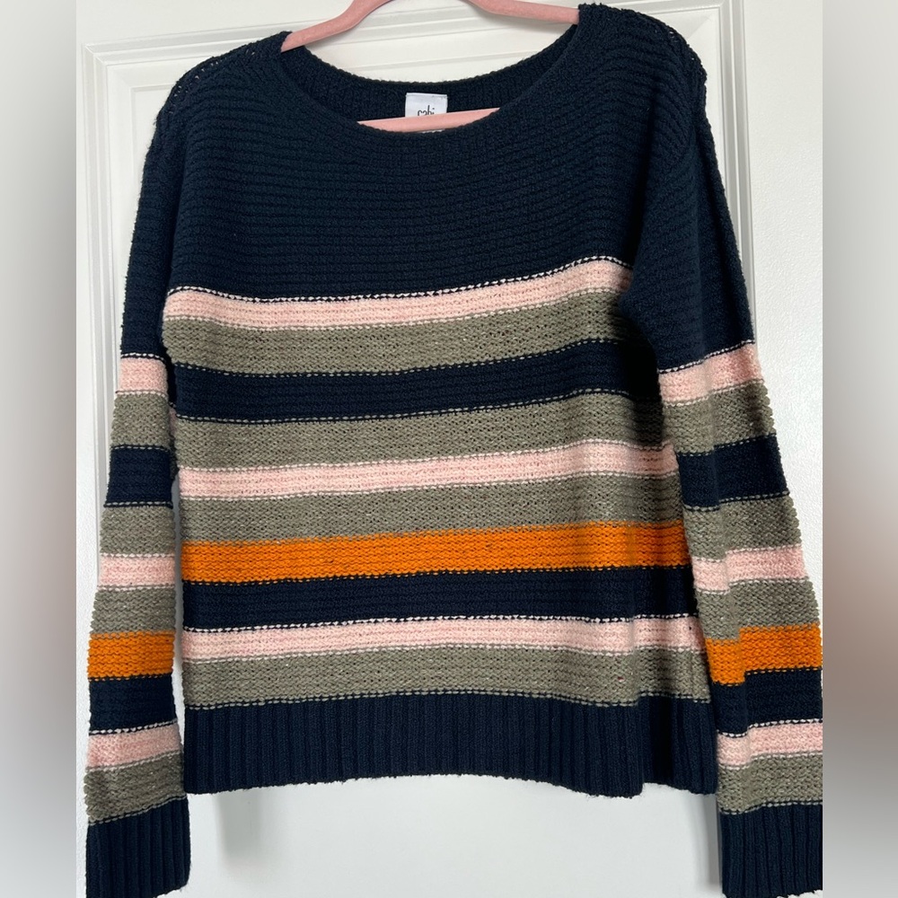 CAbi Navy Striped Crewneck Sweater with Pink, Olive & Orange Accents